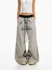 Pantalones de Verano con Estampado de Letras Retro Americano, Rayas, Plisados, Forma de Cimitarra, Cordón, Holgados, Pierna Ancha, Casual