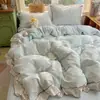 Juego de cuatro piezas de encaje de princesa estilo coreano 100% algodón, estilo Ins para niñas, sábana y funda nórdica estilo francés de algodón puro, juego de tres piezas para dormitorio
