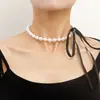 Joyería Transfronteriza Europea y Americana Más Vendida Collar de Perlas de Lujo Ligero Estilo Dulce y Fresco Cadena para Clavícula con Lazo de Cinta Amor
