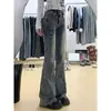 Calça Jeans Micro La Azul Estilo Americano Retrô Feminina Primavera e Verão 2025 Nova Chegada Barra Flare Cintura Alta Emagrecedora Tendência Calça Trompete
