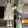 150 Camisa a Rayas Francesas Corta para Hombre Manga Corta Vestido para Mujer Verano Holgado Dulce Superposición Vestido Midi Línea A