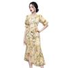 Vestido da Moda Decote V Manga Bufante Franzido Babado Transfronteiriço Feminino Verão Novo Vestido Slim Estampado