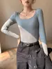 En Stock Camiseta Base de Acetato con Cuello en U Personalizada para Mujer, Ropa Interior o Exterior, Nueva Elegante Top de Manga Larga Ajustado Otoño/Invierno