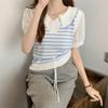 Camisa Falsa de Dos Piezas Costura Cuello en V Rayas Polo Camiseta de Punto Diseño Femenino Corto Burbuja Manga Corta Top para Verano
