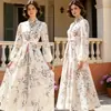 Vestido Vintage Estampado con Cuello Alto, Mangas de Farol y Mangas Largas para Mujer, Verano con Adornos Pesados de Pedrería, Vestido Adelgazante que Ceñe la Cintura