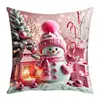 Nueva Funda de Almohada Rosa con Estampado de Muñeco de Nieve Temática Navideña Decoración Suave para el Hogar Cojín de Regalo Navideño Funda de Cojín Transfronteriza