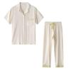 Pijama Feminina Verão Algodão Cetim Primavera e Outono Moda Costura Cor Branco Garça Manga Curta Calças Conjunto Duas Peças Roupa de Casa T