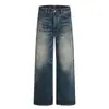 Jeans rectos de estilo retro americano, color azul oscuro, ricos en detalles, para hombres y mujeres, con un aspecto lavado, vintage y desgastado, diseñados para estilizar, de corte holgado y casual