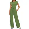 Produto Novo Europeu e Americano da Amazon 2026: Conjunto Casual de Manga Longa Cor Sólida com Top e Calça Wide Leg de Cintura Alta, Roupa Esportiva