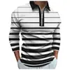 Polo masculino listrado estampado novo outono e inverno europeu e americano, polo casual de negócios com zíper e manga longa