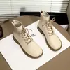 Botas de Piel Suave para Mujer, Estilo Británico Otoño, Botines Color Albaricoque Suave, Botas Planas Punta Ancha, Botines de Tobillo con Cordones Punta de Mango