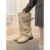 Primeiro Encontro Botas de Cowboy Ocidentais Ji Chun Gen Botas de Cano Alto Femininas Outono 2026 Novo Estilo Aumento de Altura Pernas de Calça Franzidas Empilhadas