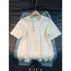 Camiseta Masculina de Verão Cor de Damasco, Gola Henley Costurada à Mão, Manga Curta, Texturizada, High-End, Camisa Polo Estilo Relaxado, Peso Pesado