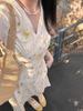 Vestido Amarelo Floral Estilo Francês com Mangas Bufantes para Mulheres Verão Novo Estilo Cintura Marcada Manga Curta Saia Longa