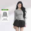 Camiseta de Otoño Invierno para Mujer Estilo Casual Japonés Coreano Cuello Redondo Pequeño Manga Larga Canalé Cortavientos Bloqueo de Temperatura Hombro Normal Corte Ajustado Favorecedor de la Figura Camiseta Base