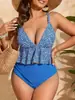 Amazon Europa e América Roupa de Banho Feminina Plus Size com Babados e Fenda Decote V Alças Finas Cintura Alta Esconde Barriga Conjunto de Duas Peças Férias na Praia