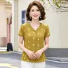 Camisa de Manga Corta de Verano para Mamá de Mediana Edad Talla Grande Top Casual Cuello en V Moda Femenina de Edad Media y Adulta Blusa Camiseta de Temperamento