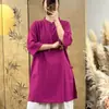 Nova roupa de verão feminina estilo chinês: camisa feminina de algodão e linho, gola alta retrô, abotoamento frontal, manga três quartos, comprimento médio