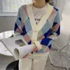Suéter com padrão de losangos estilo coreano para mulheres, estilo casual e descontraído, cardigã de tricô com bloqueio de cores na gola V, nova coleção de outono para mulheres