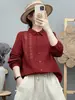 Camisa de Algodão Puro Gaze Dupla Bordada Manga Longa Feminina Estilo Floresta Bordado Floral Literário Macia Amiga da Pele Top Solto