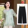 Conjunto de dos piezas de manga corta de tencel de verano para madre de 50 años, temperamento blanco, camiseta transpirable para mujer de mediana edad, traje para mujer