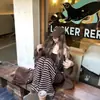 Calça Tricô Casual Listrada Estilo Coreano Relaxado e Preguiçoso 2025 para Mulheres no Outono e Inverno Cintura Baixa Efeito Emagrecedor Calça Reta