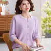 [100% Liocel] Blusa de tricô de outono para mães, conjunto elegante e versátil de base para mulheres de meia-idade e idosas
