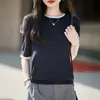 Nuevo estilo de verano, conjunto de dos piezas, top de punto de manga corta color block para mujer, corte relajado, cuello redondo, fino, manga media, top de Tencel