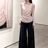 2026 Principios de Otoño Nuevo Estilo Coreano Camiseta Asimétrica de Hombro con Pliegues y Manga Larga para Mujer, Top Adelgazante y Ceñidor de Cintura A13921