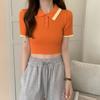 Blusa de Tricô com Gola Alta para o Dia a Dia, Combinação de Cores, Manga Curta, Casual, Afinando, Estilo Curto, Nova Roupa de Verão para Mulheres