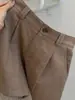 Muy recomendado~ Pantalones cortos de algodón y lino color caramelo, estilo coreano 2026, de cintura alta, adelgazantes, abotonados