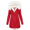 Casaco parka feminino europeu novo tamanho plus size longo com forro de fleece e acolchoado de algodão, quente para mulheres com gola de pelo, casaco de inverno solto