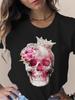 Camiseta de manga corta con calavera de guirnalda para hombre y mujer, moda elegante, camiseta con estampado, cuello redondo