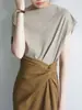 Camiseta de Manga Corta con Cuello Marrón Rojizo JOJOZ Adelgazante Clavícula Elegante Moda Chic Top ss Textura de Alta Calidad