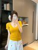 Camiseta Coreana Amarilla de Punto con Cuello en V y Manga Corta para Mujer en Verano, Slim y Delgada, Top Corto Dulce y Sexy