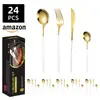 Novo Conjunto de 24 Peças de Faca, Garfo e Colher de Aço Inoxidável da Amazon Dourado Português Conjunto de Talheres Ocidentais para Faca de Bife e Garfo