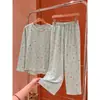 Conjunto de pijama de manga larga con estampado de estrellas color verde menta estilo coreano para mujer, nueva colección otoño 2026, pantalón largo, adecuado para usar en casa o como ropa exterior