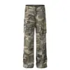 Macacão Camuflado Vintage Distinto Desgastado Marca Tendência Estilo Americano Solto Fome Tendência Reto Camuflado VIBE Tendência Tendência Calças