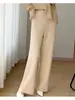 Pantalones de Pierna Ancha Engrosados con Ranuras para Mujer 100% Lana Pura Cintura Elástica Color Sólido Pierna Recta de Moda Versátiles Pantalones con Caída