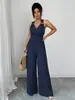 Mono de Moda Femenina Transfronterizo de Cuello Halter en V sin Espalda con Lazo en la Cintura, Pantalones de Pierna Ancha, Mono de Trabajo Casual y Adelgazante