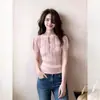 Camiseta de punto corta color crema con cordones en forma de lazo, calada, de manga corta para mujer, Verano 2026, Top de estilo francés suave y elegante