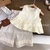 Traje de verano para niñas Nuevo Top sin mangas de encaje calado para bebé Pantalones de verano a cuadros de pierna ancha para mujer para comercio exterior