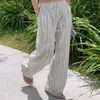 Calças femininas compridas listradas com cordão, estilo coreano, jovens, casuais, soltas, modeladoras, respiráveis e amigáveis à pele