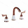 Torneira de Banheiro com Misturador Quente e Frio, Três Furos, Cor Rose Gold em Latão, Gabinete de Banheiro, Torneira de Cerâmica Antiga, Conjunto de Três Peças