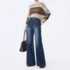 Jeans de campana retro de cintura alta para mujer, con diseño de doble botón, cintura alta, tela elástica, efecto adelgazante y estilo de pierna ancha. Directo de fábrica
