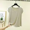 Nueva camiseta fina de verano para mujer con cuello en V y manga corta de seda ecológica, adecuada para usar en capas, estiliza la figura y se puede usar como prenda exterior con diseño de hombro normal