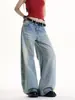 Jeans Reto Estilo Retro Americano Feminino Primavera 2025 Solto Bordado Fluido Casual Wide Leg Comprimento Total Azul
