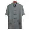 Traje Tang Masculino para Meia-Idade e Idosos, Conjunto de Seda Gelada de Manga Curta, Roupa de Verão para Avô, Gola Alta, Botões, Conjunto de Duas Peças Hanfu para Avô