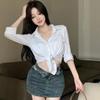 Camisa Branca Cropped de Manga Longa Slim-Fit com Gola Simples Reversível, Elegante e Estilosa, Moda Feminina Verão 2026 Blusa Tendência