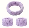 Diadema de Lazo de Color Sólido Europea y Americana Transfronteriza para Mujer, Diadema para Lavarse la Cara y Juego de Tres Piezas de Diadema y Muñequeras de Franela para Spa